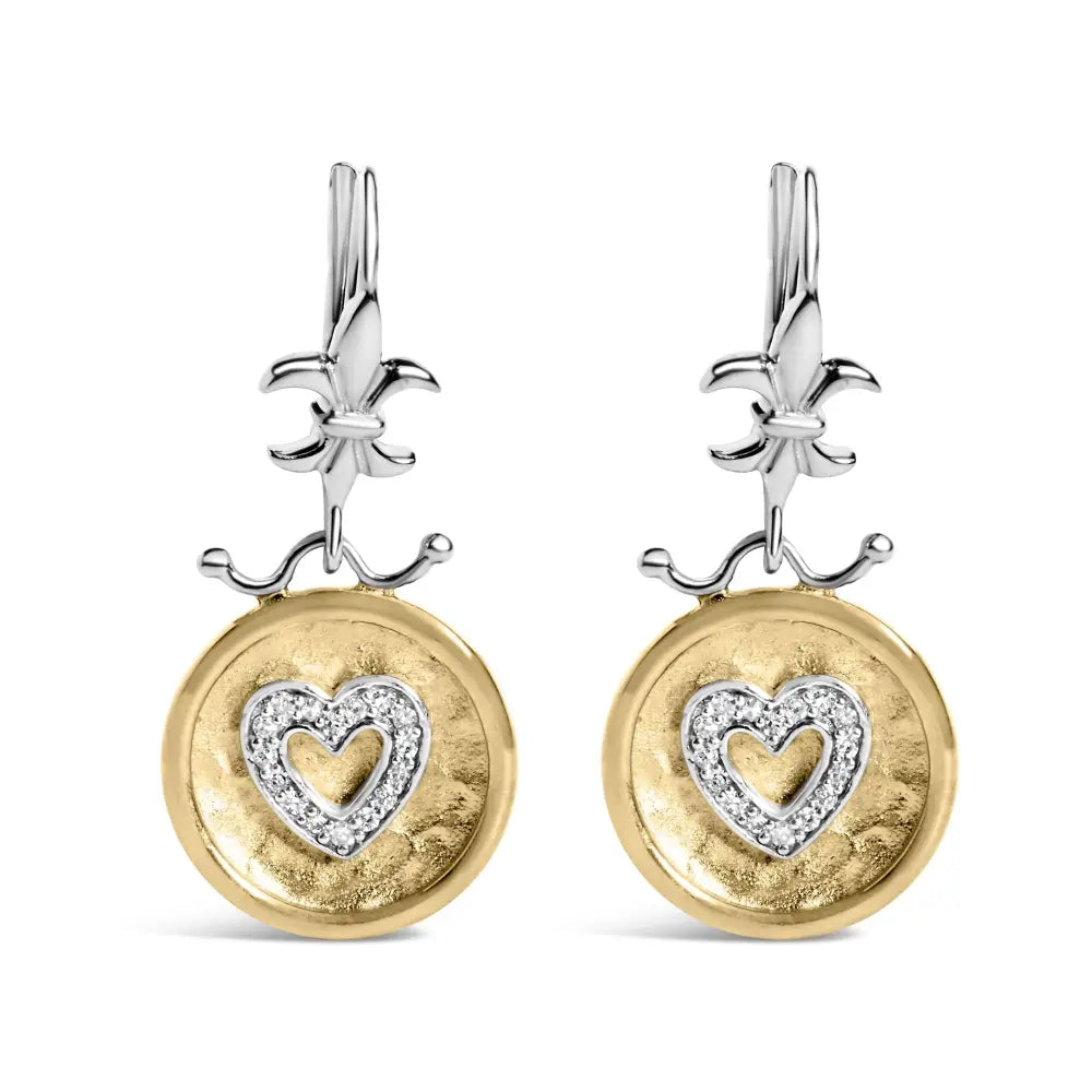 Hammered heart medallion 1/8 cttw diamond earrings in 18k gold over silver bijoux-nyc direct
