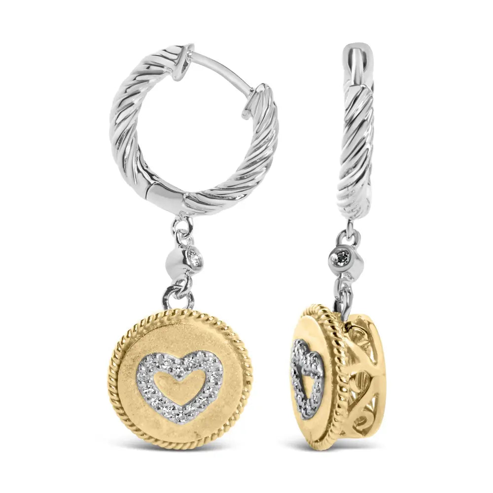 1/8 cttw diamond heart medallion drop earrings in 18k gold plated silver bijoux-nyc direct