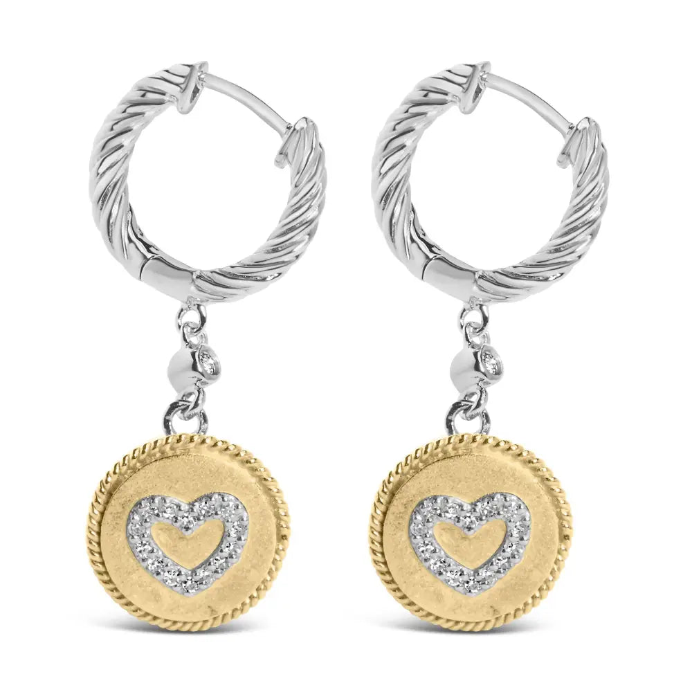 1/8 cttw diamond heart medallion drop earrings in 18k gold plated silver bijoux-nyc direct