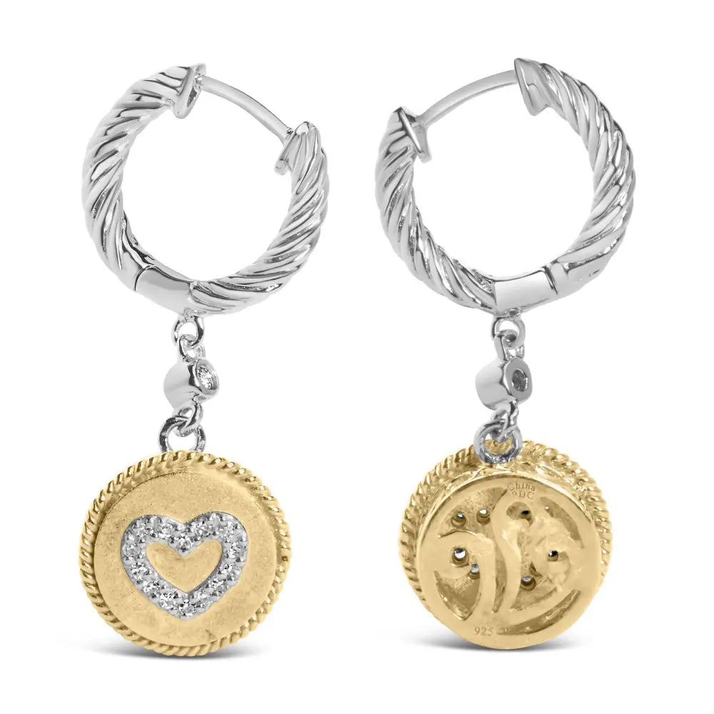 1/8 cttw diamond heart medallion drop earrings in 18k gold plated silver bijoux-nyc direct