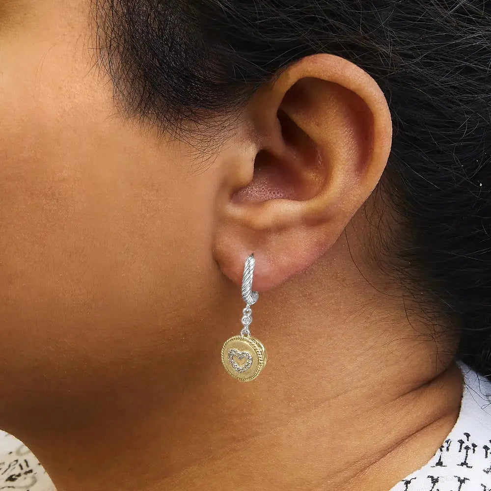 1/8 cttw diamond heart medallion drop earrings in 18k gold plated silver bijoux-nyc direct