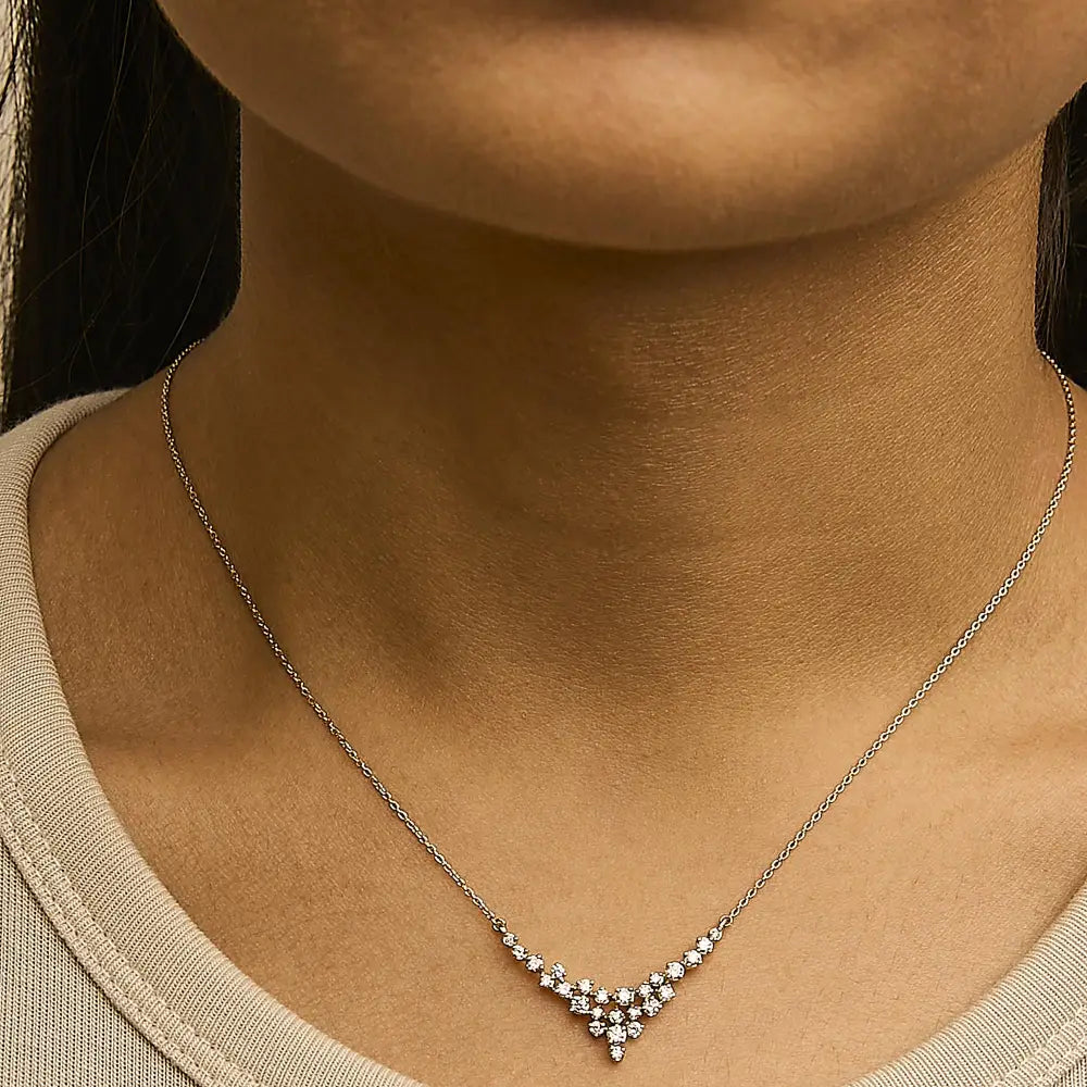 1/2 cttw diamond scattered three row v-shape necklace in 14k yellow gold bijoux-nyc direct