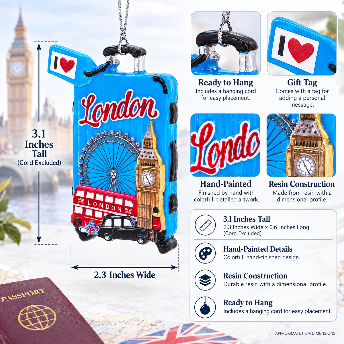 London Travel Souvenir Suitacase Luggage Big Ben Resin Christmas Ornament