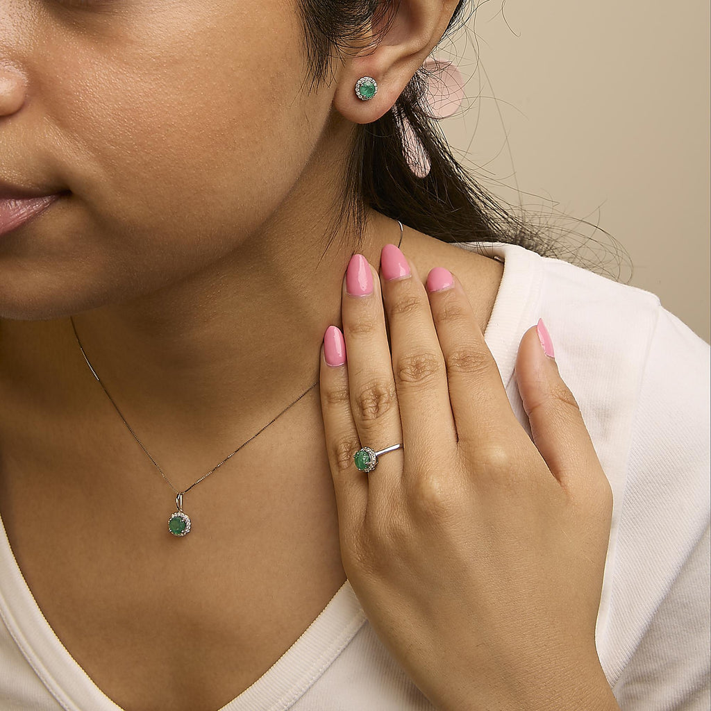 10K Gold Gemstone and 3/8 Cttw Diamond Halo Jewelry Set (Earrings, Pendant & Ring)