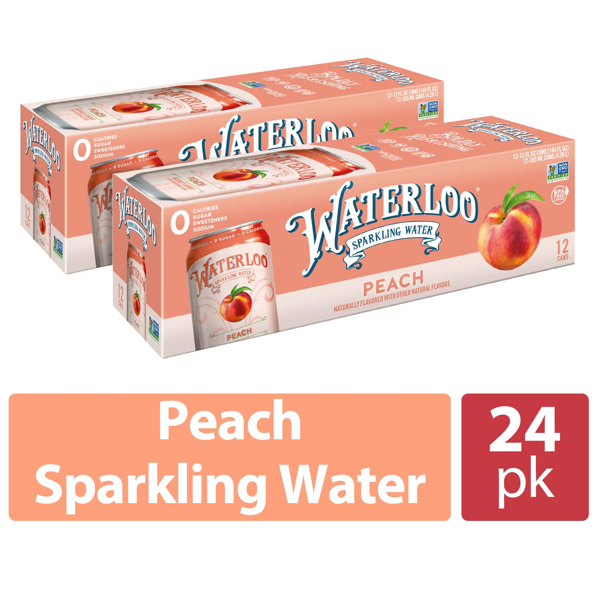 Waterloo Peach Sparkling Water, 8-Pack (Case of 3)