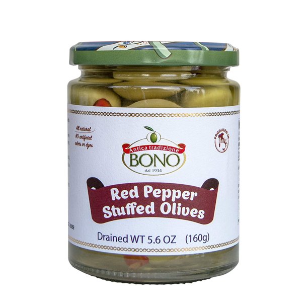 "Bono Stuffed Olives with Red Pepper - Case of 6 (5.6 oz Pouches)".