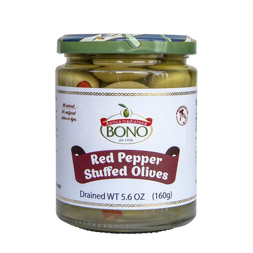 "Bono Stuffed Olives with Red Pepper - Case of 6 (5.6 oz Pouches)".