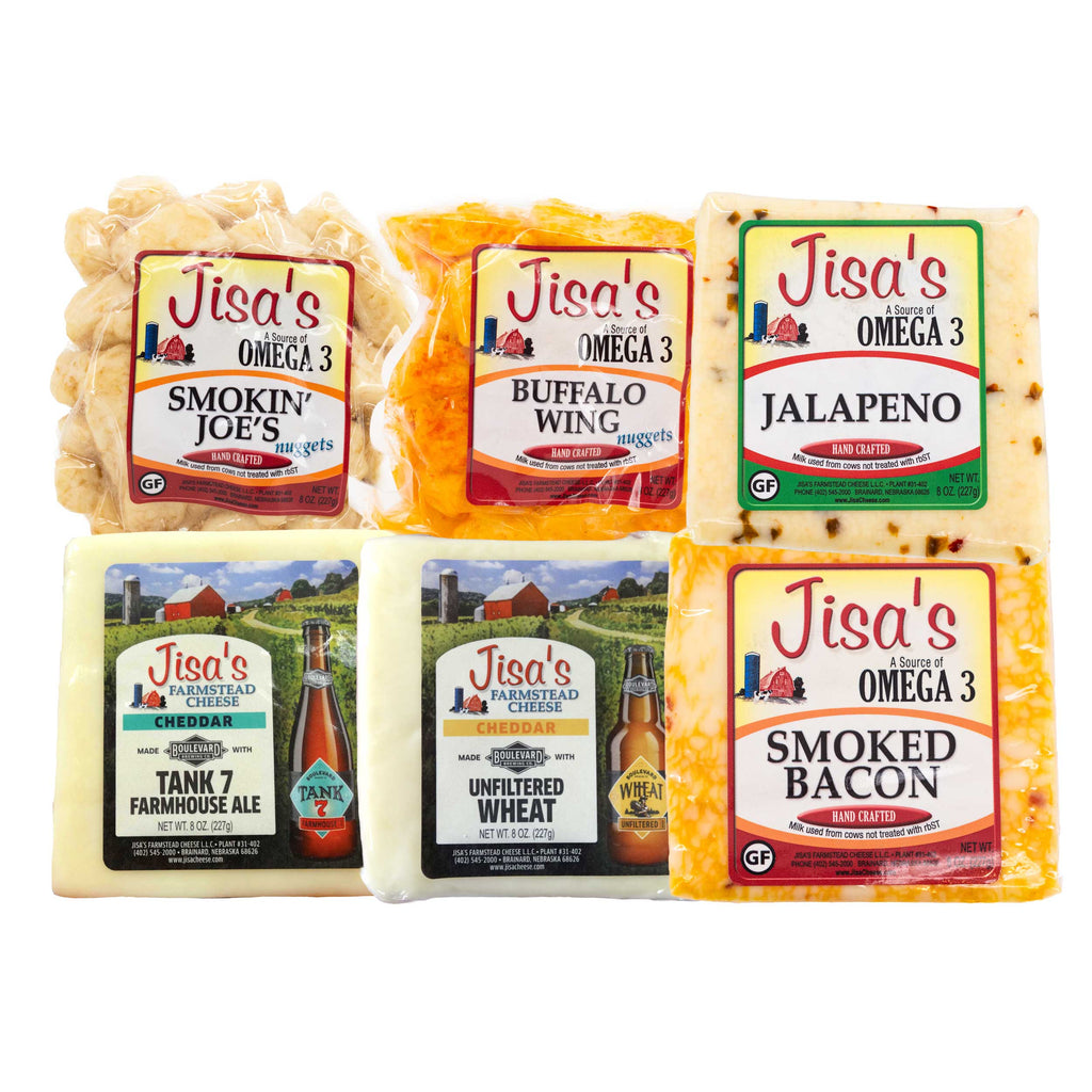 Cheese 6 Piece Sampler | Smokin' Joe's, Buffalo, Farmhouse Ale, BLVD Unfiltered Wheat, Bacon, Jalapeno | Jisa's Farmstead Cheese