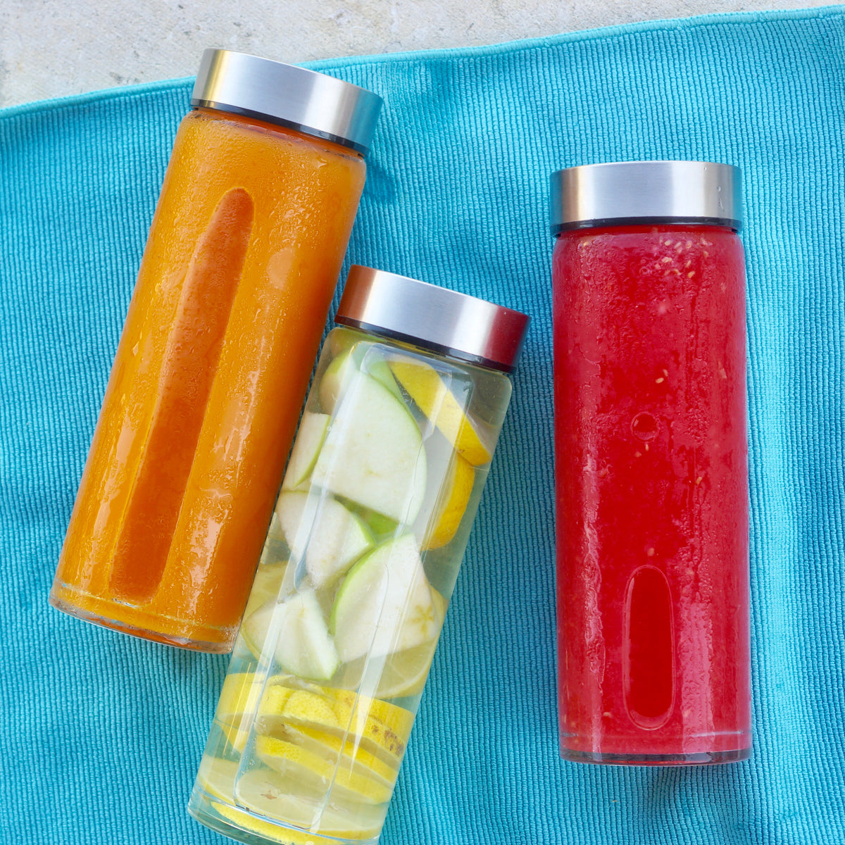 Skinny Series Wide Mouth Glass Bottles Set w/ Stainless Steel Lids, 16 oz