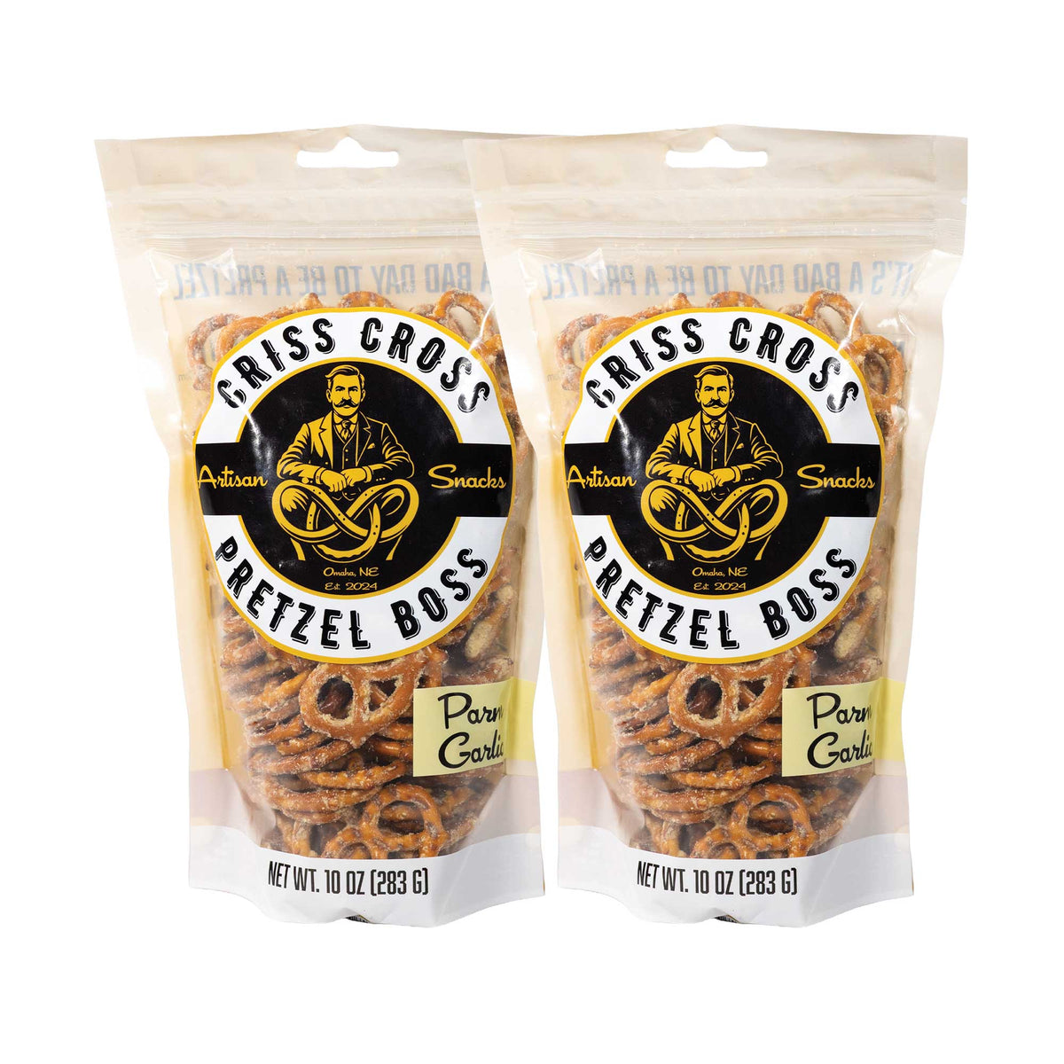 Parmesan Garlic Flavored Pretzels | Pack of 2 | 10 oz | Criss Cross Pretzel Boss