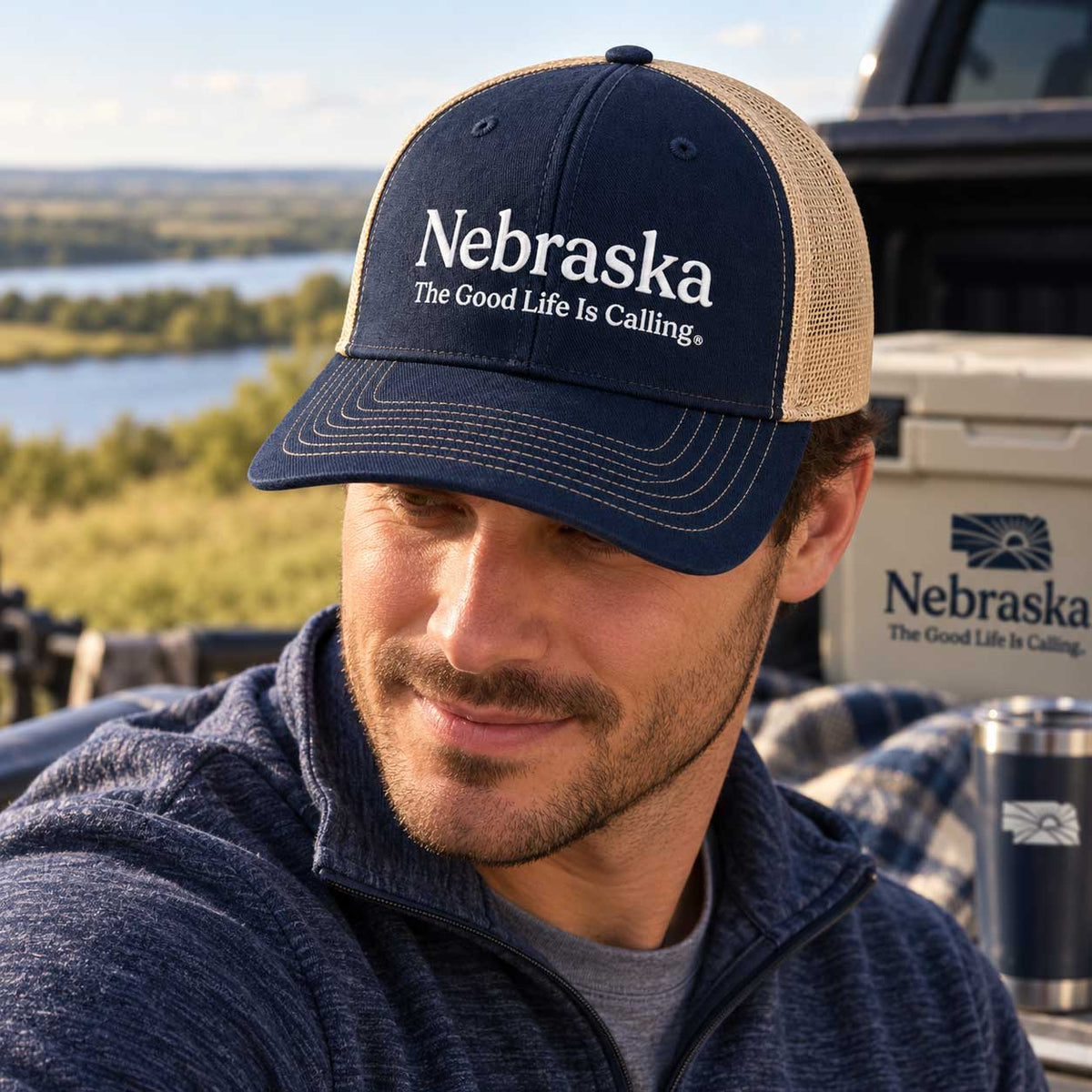 The Good Life is Calling Navy & Off White Trucker Hat | Nebraska Department of Economic Development