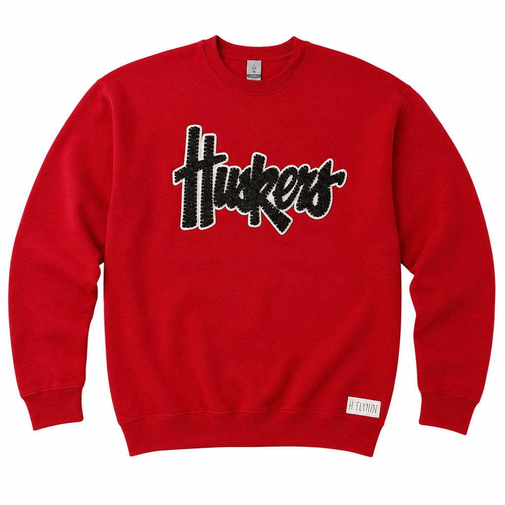 Huskers Sewn Appliqué Black Sparkle Red Licensed Youth Crewneck Sweatshirt | Multiple Sizes | H.Flynn Designs