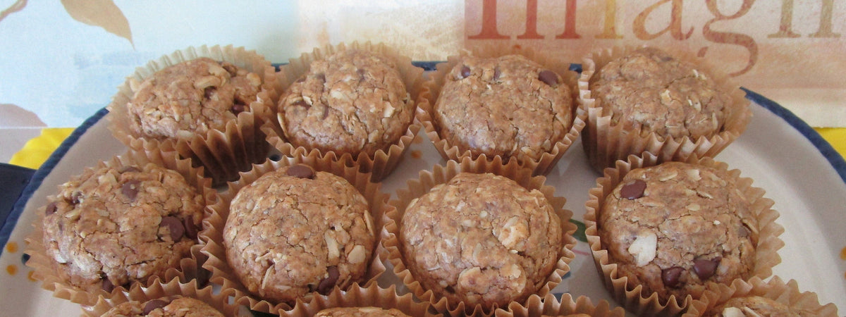 Gluten Free Mini Muffins, Oatmeal Chocolate Chip, Dairy Free, Egg Free, Vegan, Paleo, Nut Free, Coconut Sugar, Trail Mix, Low Sugar snacks