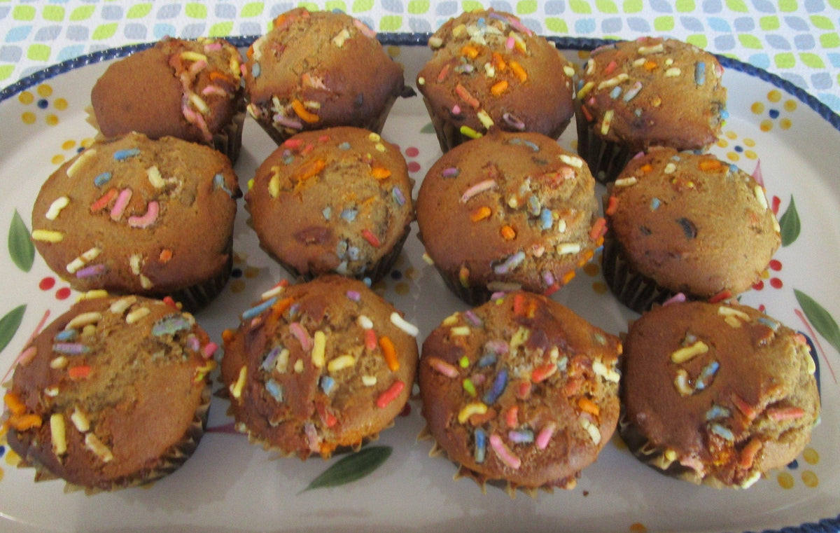 Gluten Free Mini Funfetti Chocolate Chip Muffins, School Safe, Dairy Free, Egg Free, Nut Free, Vegan, Two Bite Low Fat, Birthday Party Snack