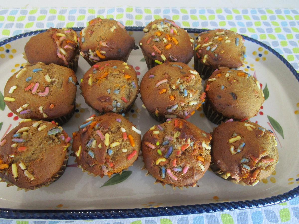 Gluten Free Mini Funfetti Chocolate Chip Muffins, School Safe, Dairy Free, Egg Free, Nut Free, Vegan, Two Bite Low Fat, Birthday Party Snack