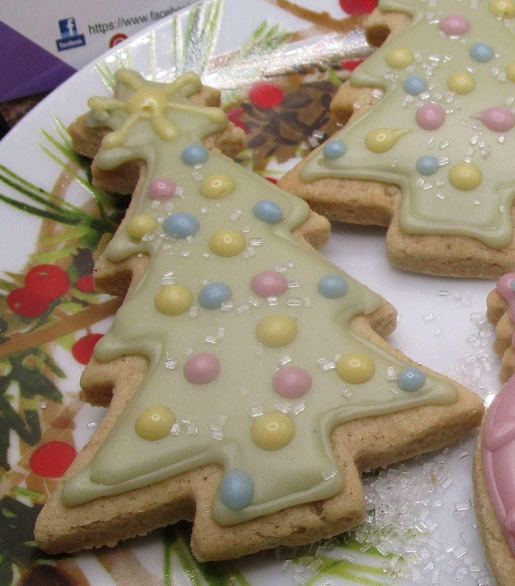 Gluten Free Christmas Sugar Cookies, Iced, Dairy Free, Vegan, Egg Free, Nut Free, Holiday Party Cookie Exchange, School Safe festive treats