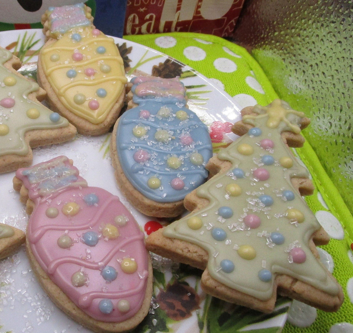 Gluten Free Christmas Sugar Cookies, Iced, Dairy Free, Vegan, Egg Free, Nut Free, Holiday Party Cookie Exchange, School Safe festive treats