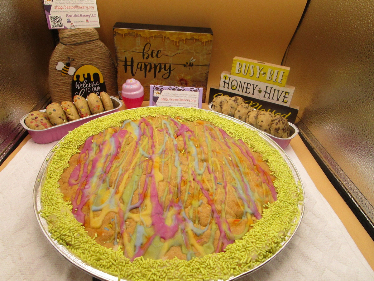 Gluten Free Cookie Cake, Chocolate Chip, Dairy Free, Egg Free, Nut Free, Vegan, Birthday Celebration, July 4th dessert, Funfetti, Reunions