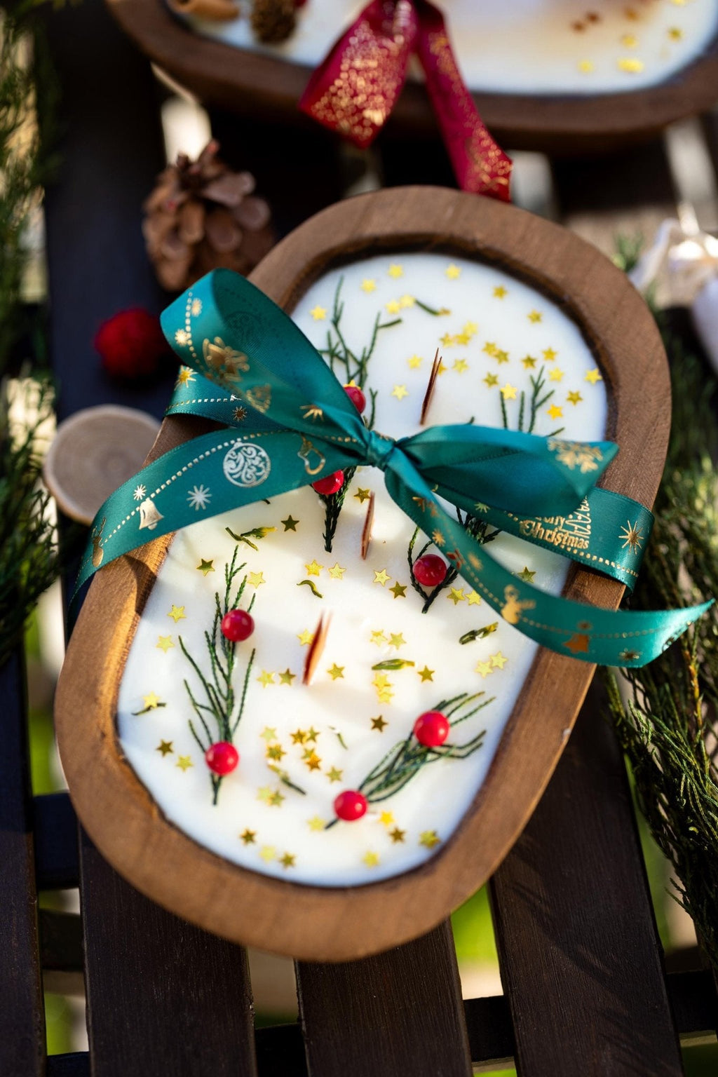 Festive Holiday Wood Dough Bowl Candle