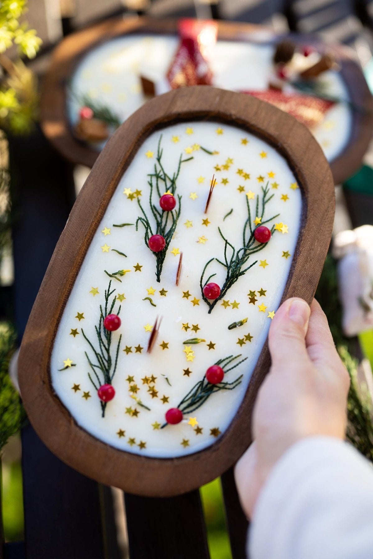 Festive Holiday Wood Dough Bowl Candle