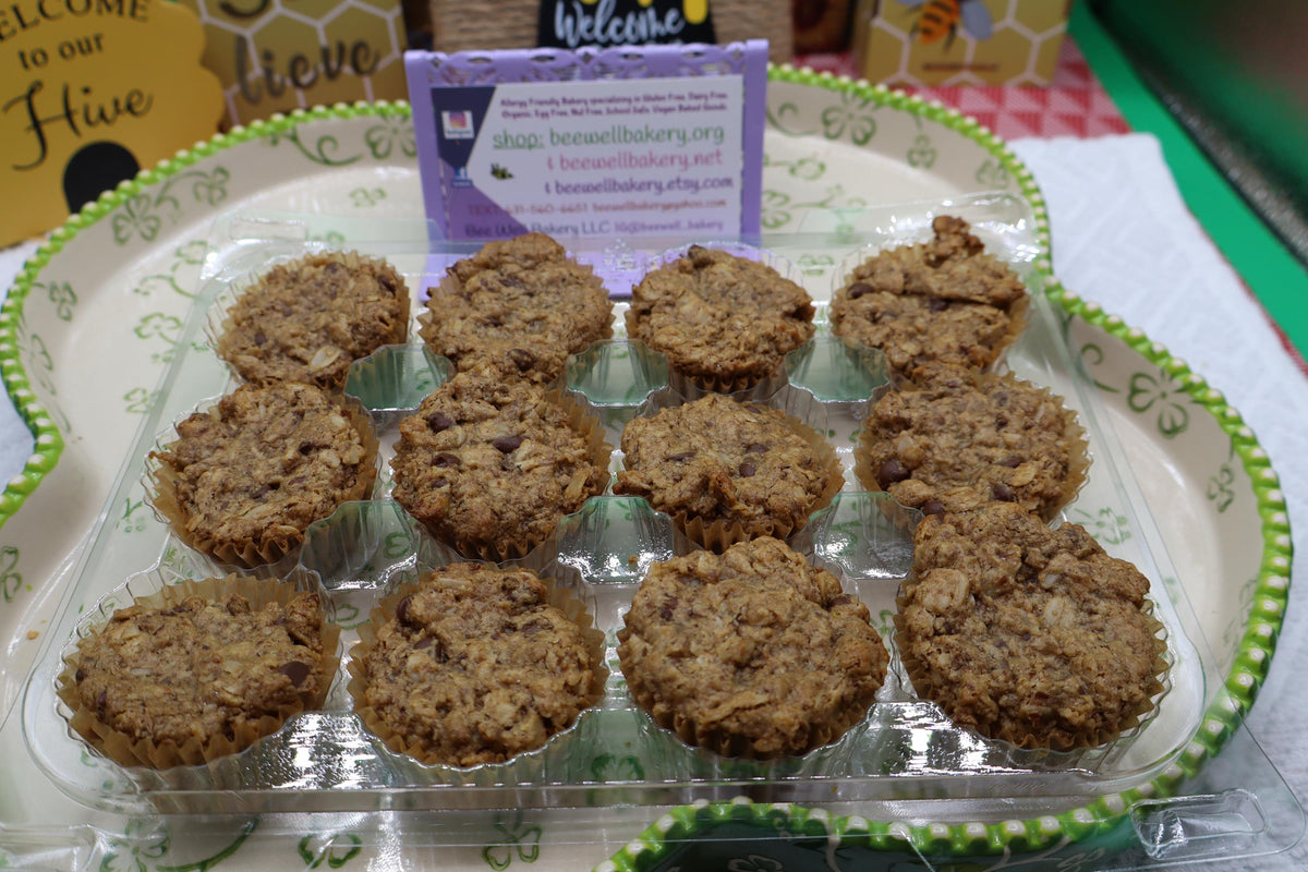 Gluten Free Mini Oatmeal Muffins, Chocolate Chip, Dairy Free, Egg Free, Vegan, Nut Free, Soy Free, Paleo, low Sugar snack, Easter Breakfast