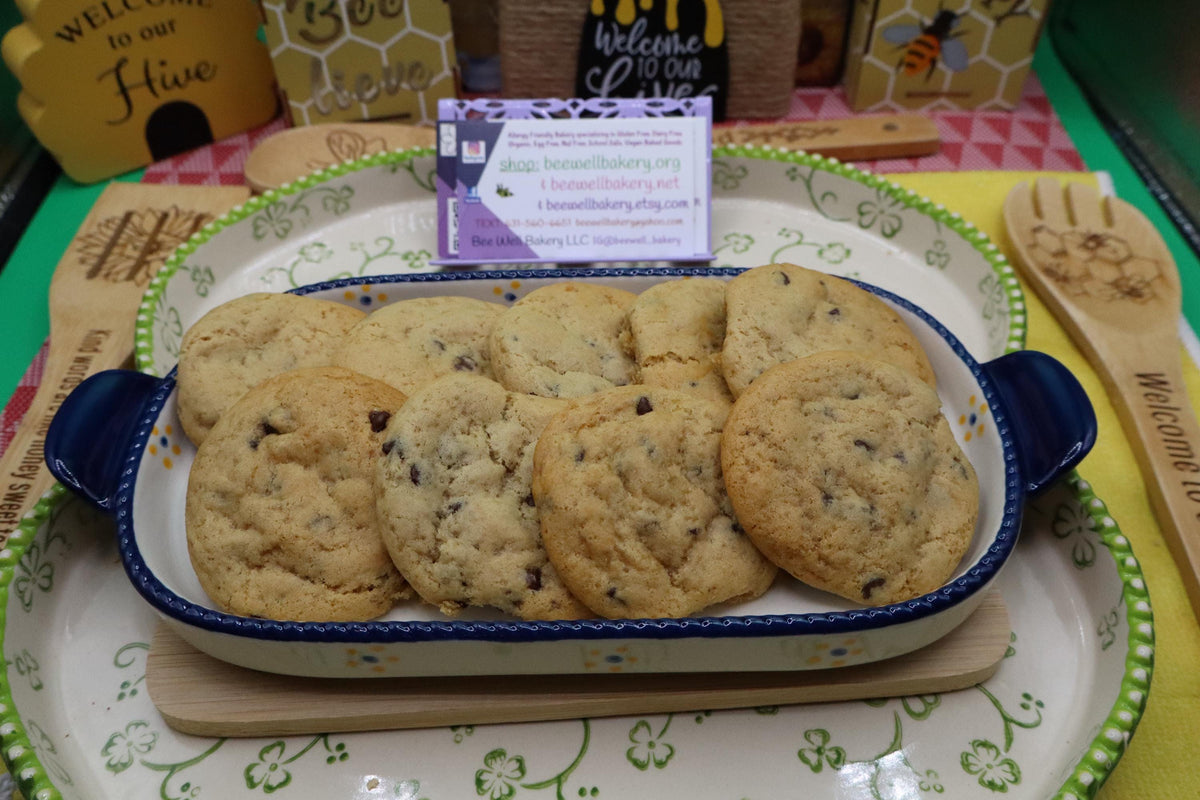 Chewy Chocolate Chip Cookies, Gluten Free, Dairy Free, Vegan, Nut & Peanut Free, Allergy Friendly snacks, Christmas in July, Cookie Gifts
