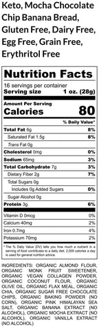 Keto Mocha Chocolate Chip Banana Bread, Gluten Free, Grain Free, Dairy Free, Egg Free, Sugar Free, Low carb, Vegan Collagen, Healthy Snack