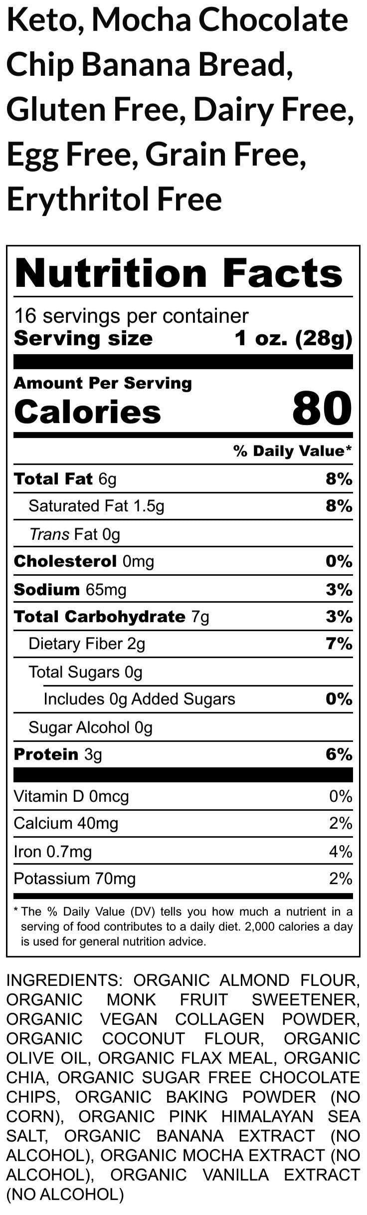 Keto Mocha Chocolate Chip Banana Bread, Gluten Free, Grain Free, Dairy Free, Egg Free, Sugar Free, Low carb, Vegan Collagen, Healthy Snack