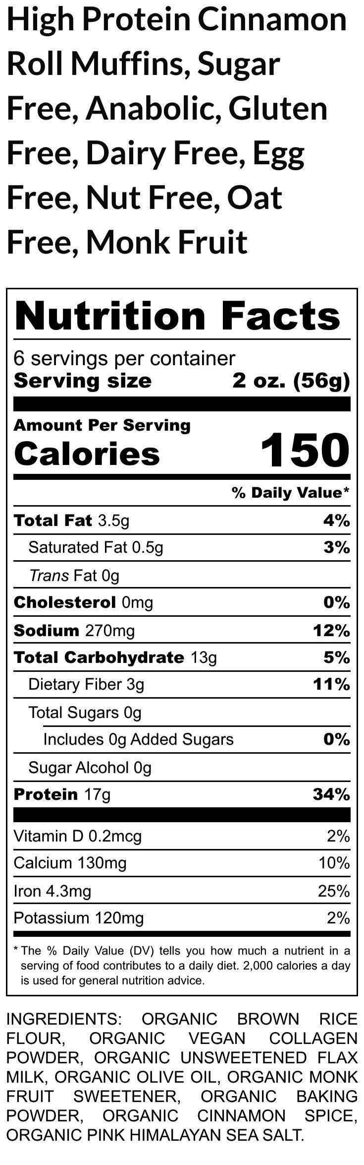 Gluten Free High Protein Muffins, Cinnamon Roll, Dairy Free, Sugar Free, Vegan Collagen, Clean Fitness breakfast, Anabolic snacks, Nut Free