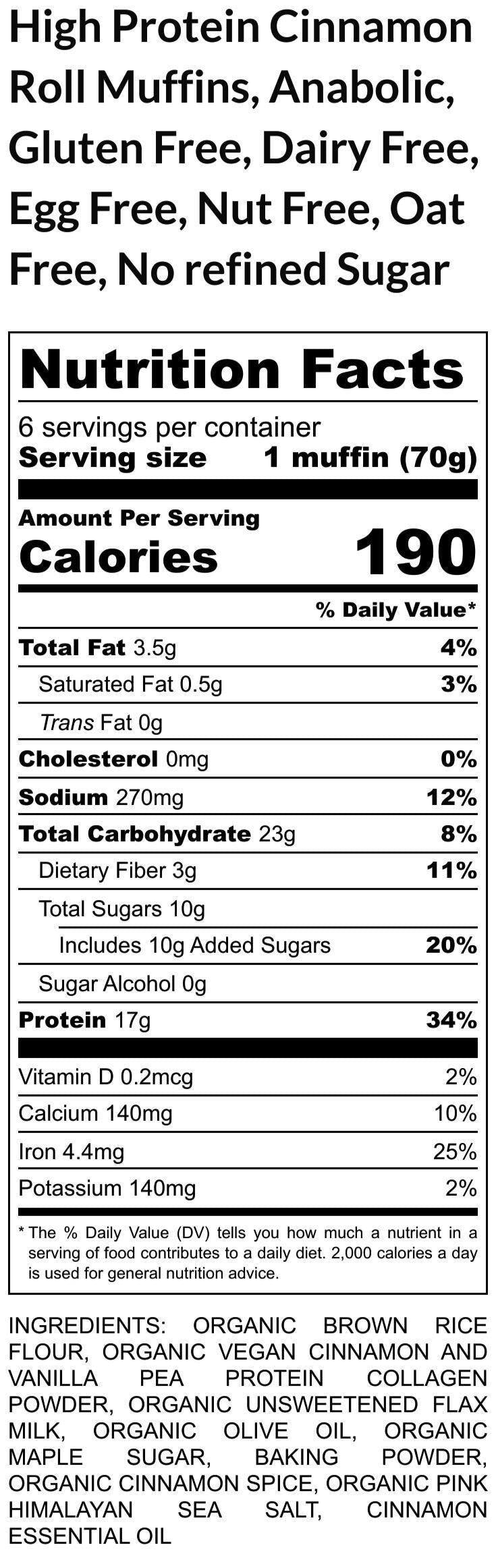 Gluten Free High Protein Muffins, Cinnamon Roll, Dairy Free, Sugar Free, Vegan Collagen, Clean Fitness breakfast, Anabolic snacks, Nut Free