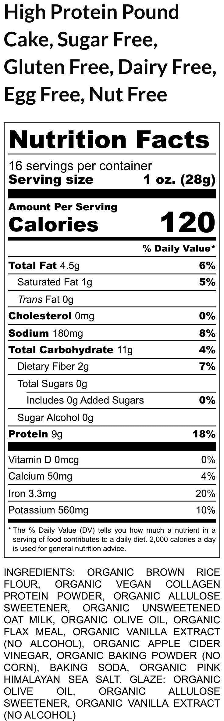 High Protein Pound Cake, Gluten Free, Sugar free, Egg Free, Dairy Free, Vegan Collagen, Fitness Gifts, Nut Free, Low Carb Snacks, Wellness