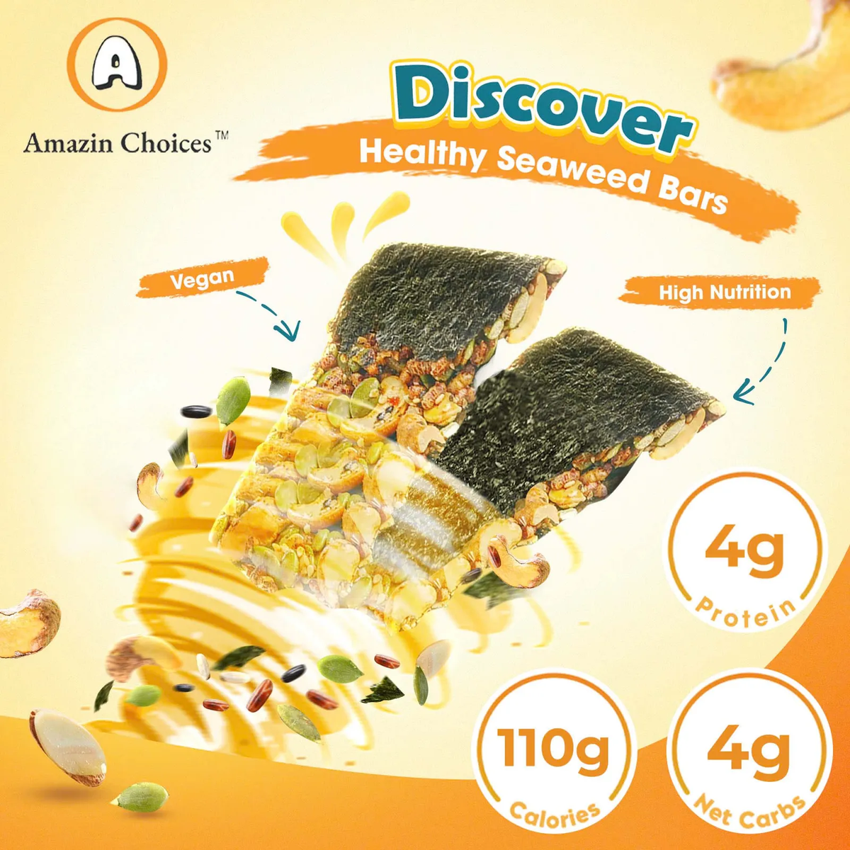 Amazin Choices Premium Seaweed Crunch with Nuts (16 Bars) – Healthy Vegan Snack – Buy for $19.99 Get FREE Dried Chili Mango 3.52oz ($7.99 Value) – Snack Viet