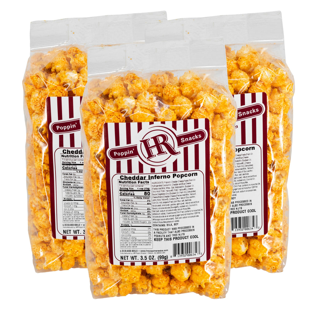 Cheddar Inferno Popcorn | Pack of 3 | 3 oz | HR Poppin' Snacks