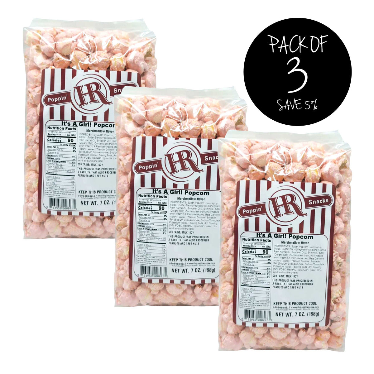It's A Girl Pink Marshmallow Flavored Popcorn | Pack of 3 | 7 oz | HR Poppin' Snacks