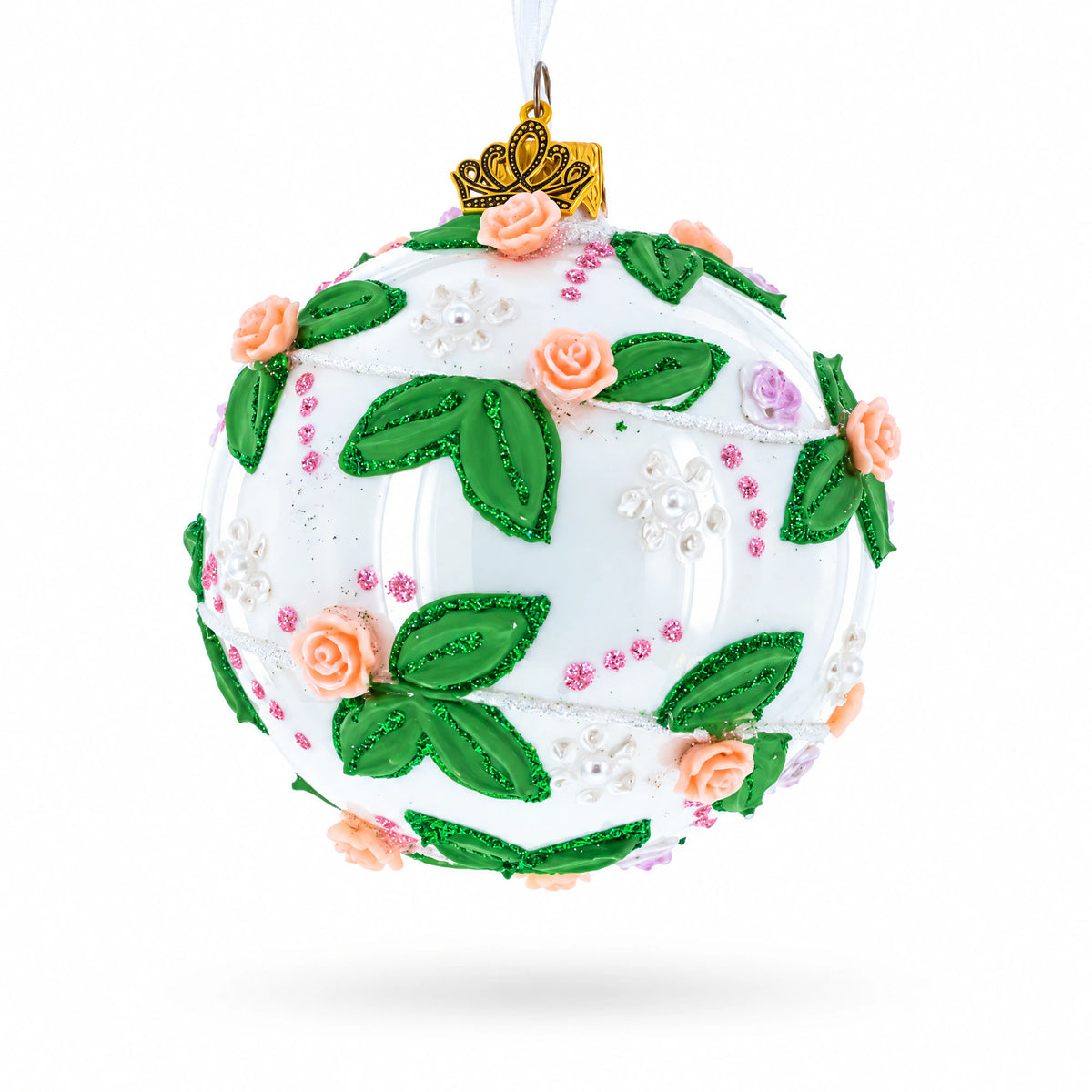 3D Roses in Silver Spiral Glass Ball Christmas Ornament 3.25 Inches