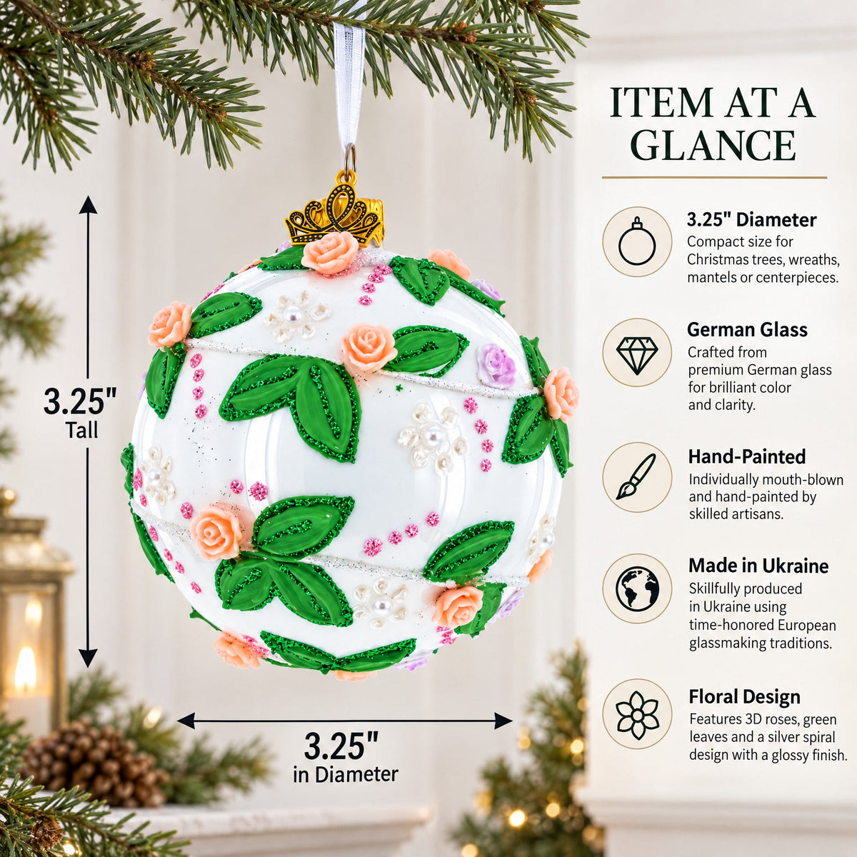 3D Roses in Silver Spiral Glass Ball Christmas Ornament 3.25 Inches