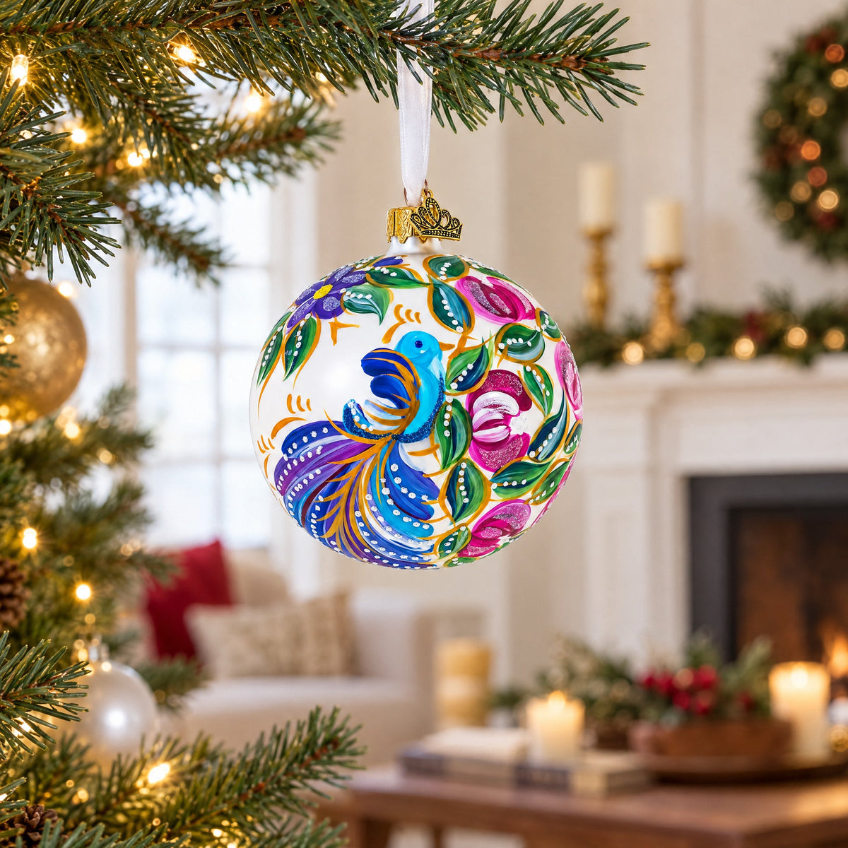 Blue Bird on White Glass Ball Christmas Ornament 4 Inches