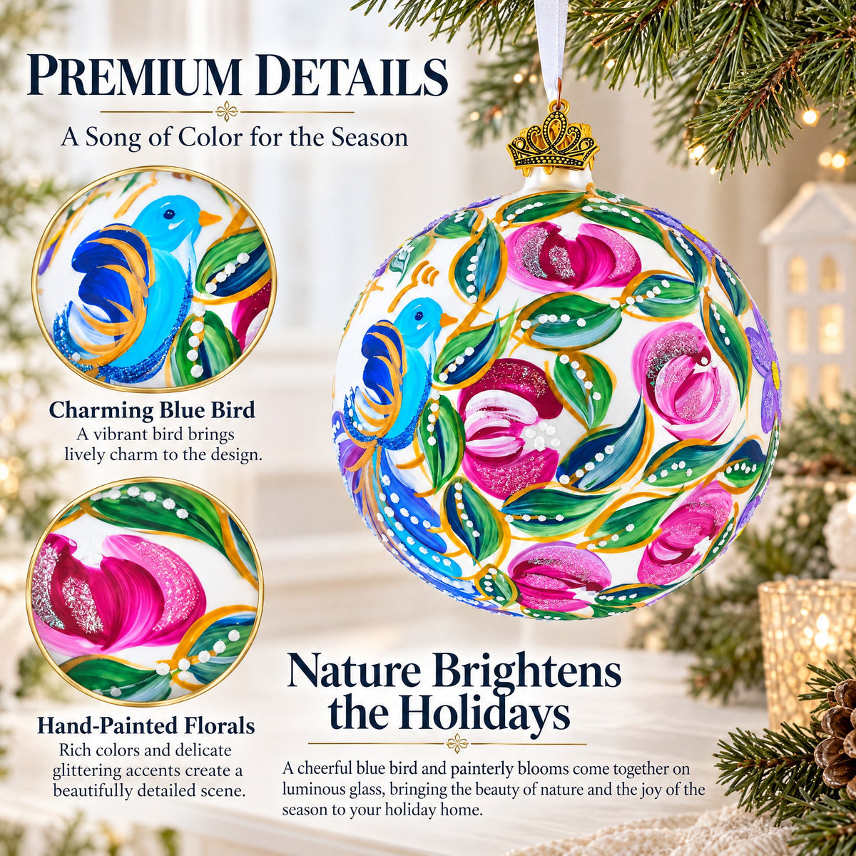 Blue Bird on White Glass Ball Christmas Ornament 4 Inches