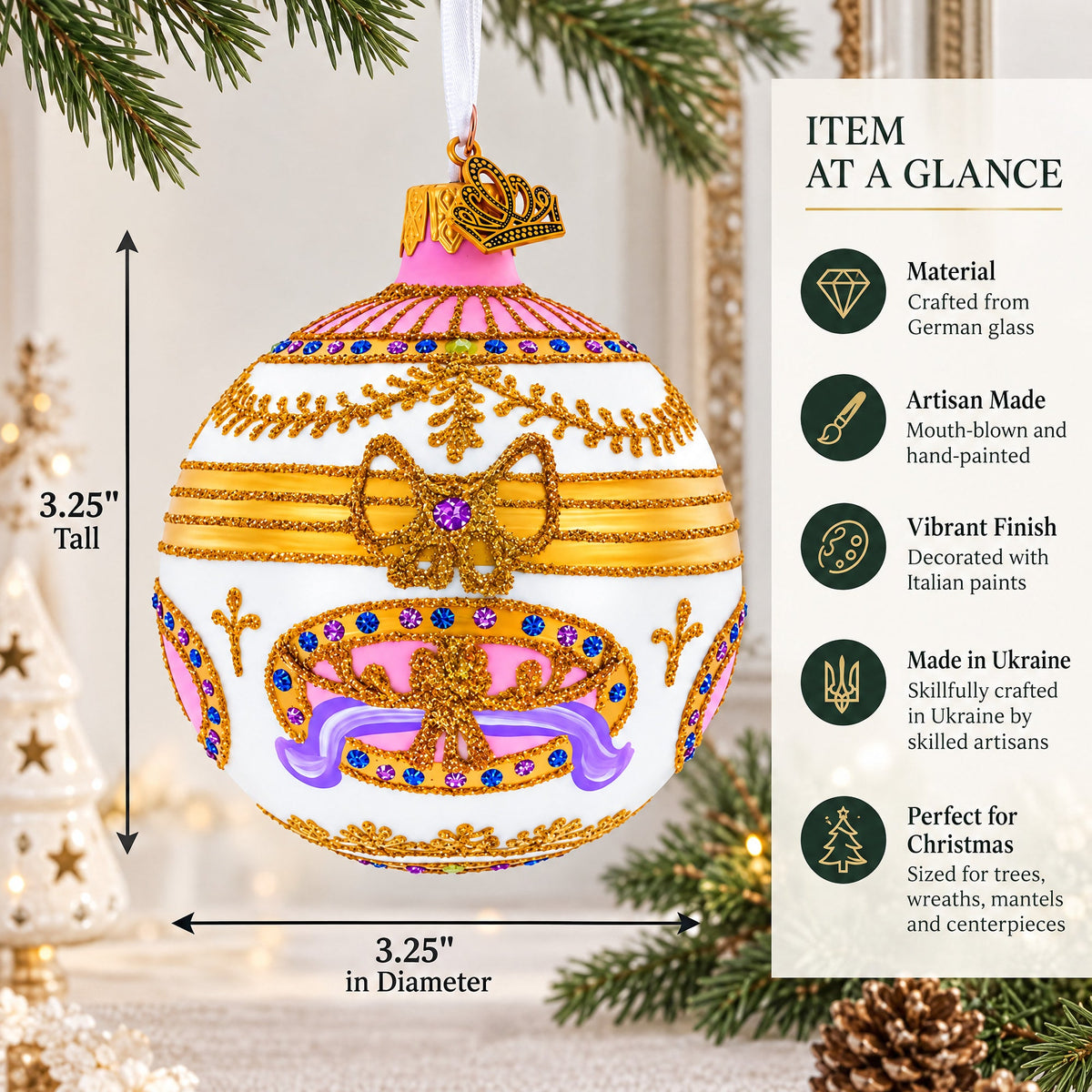 1903 Bonbonniere Royal Glass Ball Christmas Ornament 3.25 Inches
