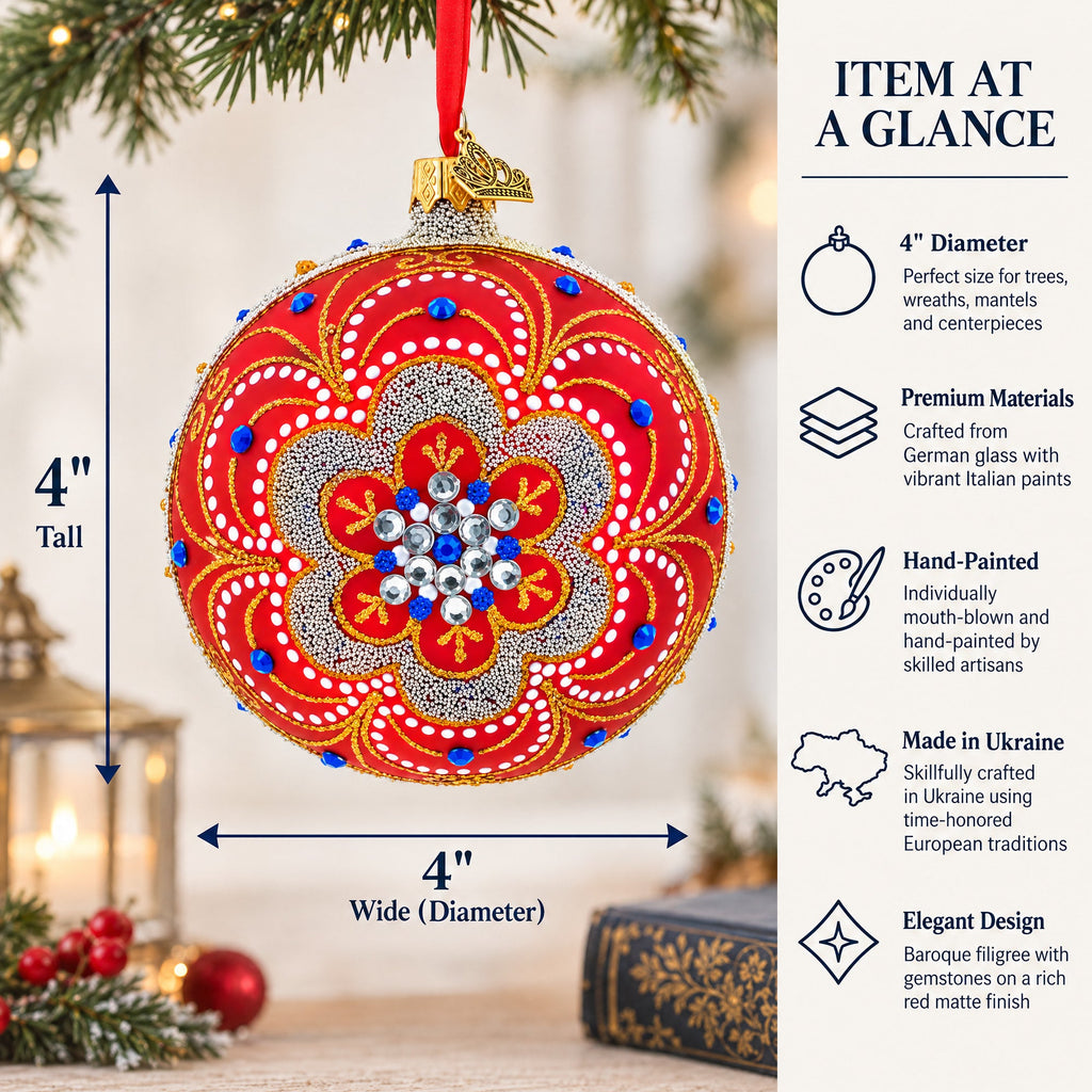 Baroque Filigree with Gemstones on Red Glass Ball Christmas Ornament 4 Inches