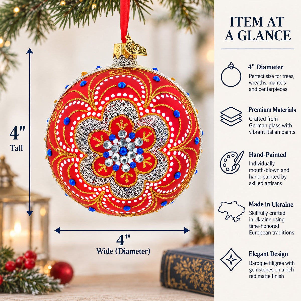 Baroque Filigree with Gemstones on Red Glass Ball Christmas Ornament 4 Inches