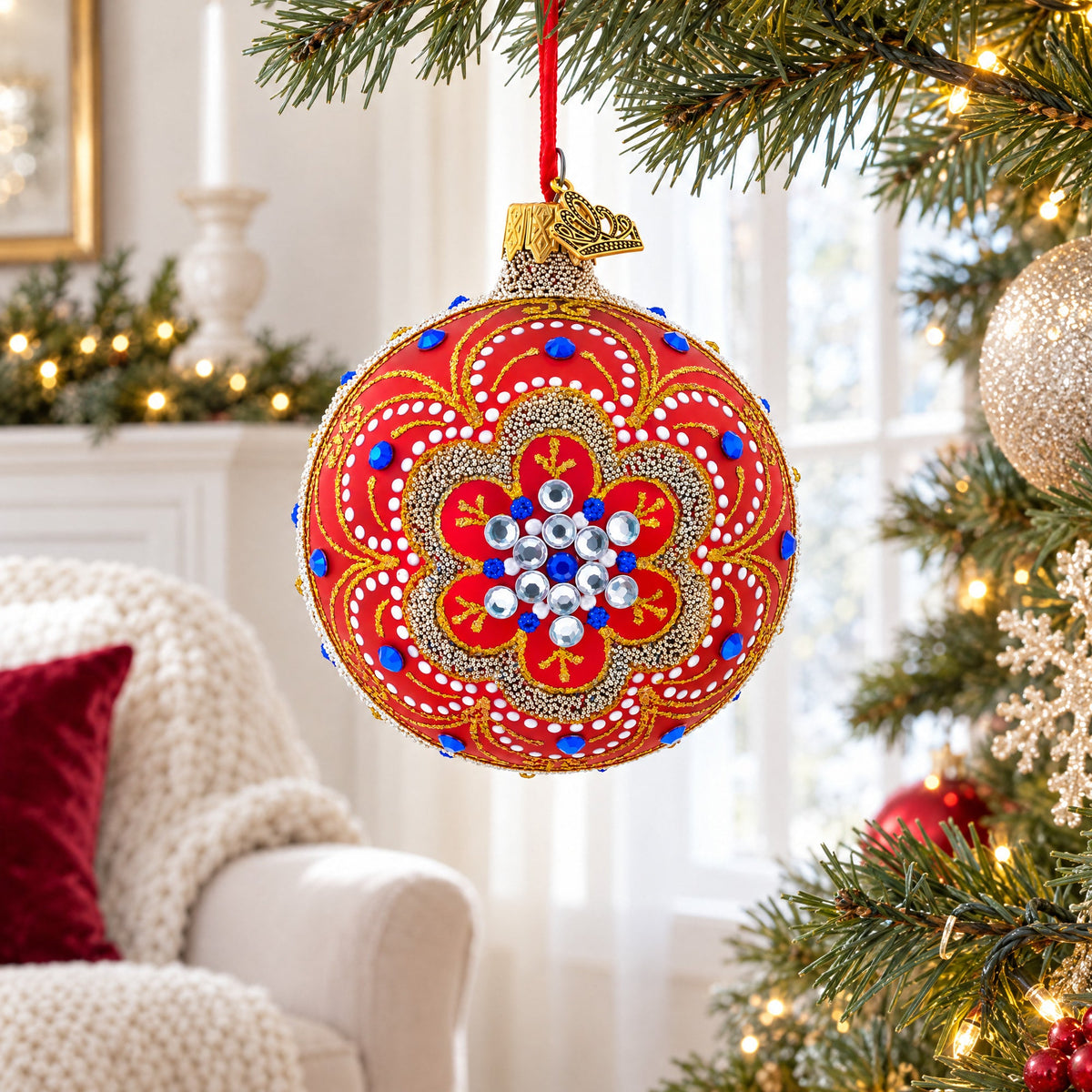 Baroque Filigree with Gemstones on Red Glass Ball Christmas Ornament 3.25 Inches