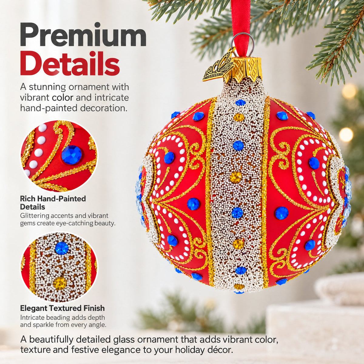 Baroque Filigree with Gemstones on Red Glass Ball Christmas Ornament 3.25 Inches