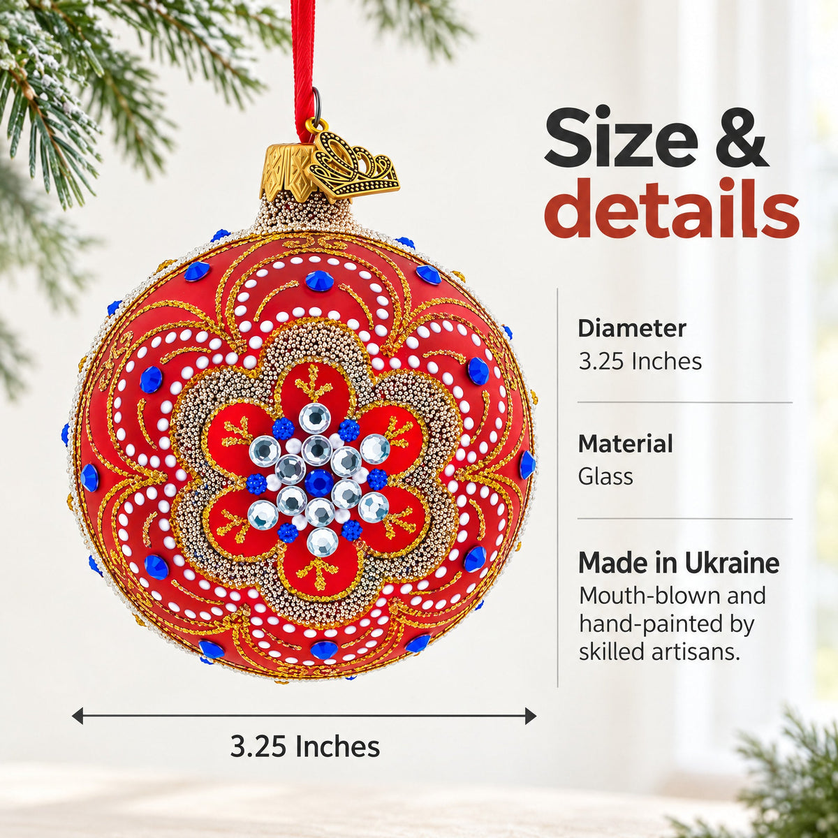 Baroque Filigree with Gemstones on Red Glass Ball Christmas Ornament 3.25 Inches