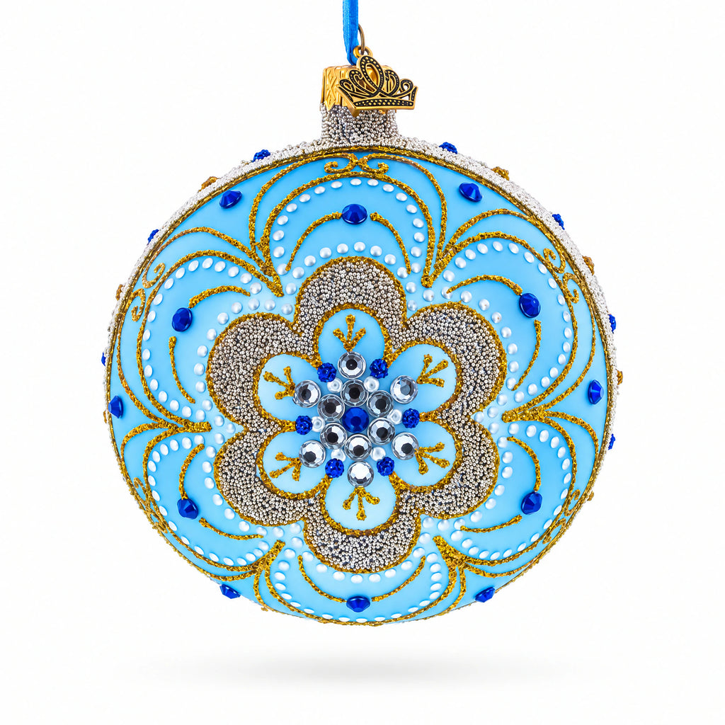 Baroque Filigree with Gemstones on Blue Glass Ball Christmas Ornament 4 Inches