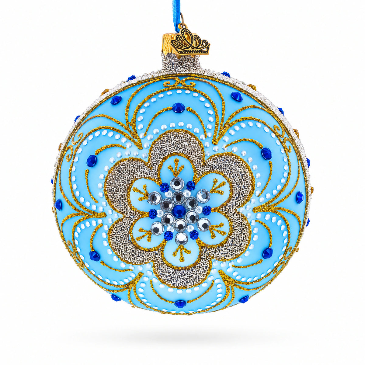 Baroque Filigree with Gemstones on Blue Glass Ball Christmas Ornament 4 Inches