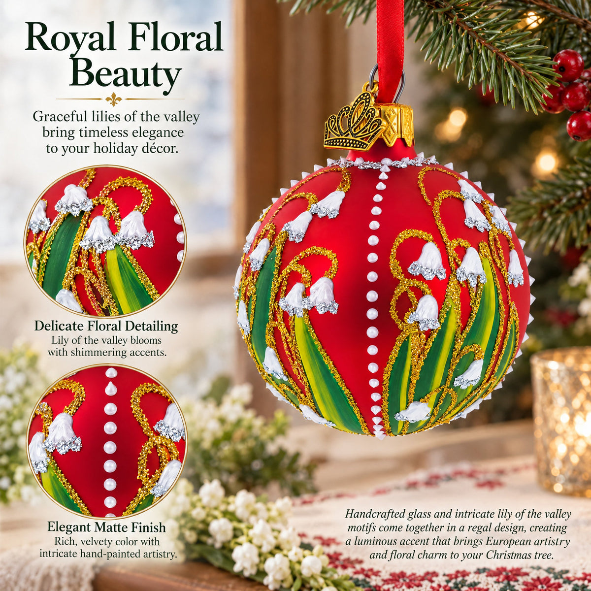 1898 Lilies of the Valley Royal Glass Ball Christmas Ornament 2.4 Inches