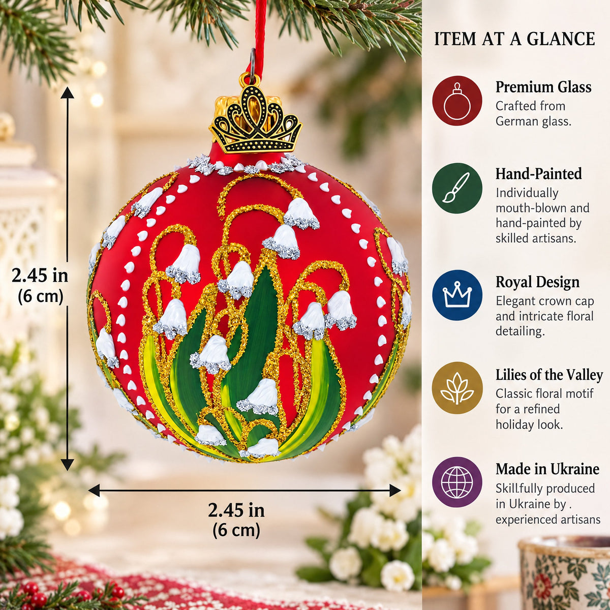 1898 Lilies of the Valley Royal Glass Ball Christmas Ornament 2.4 Inches
