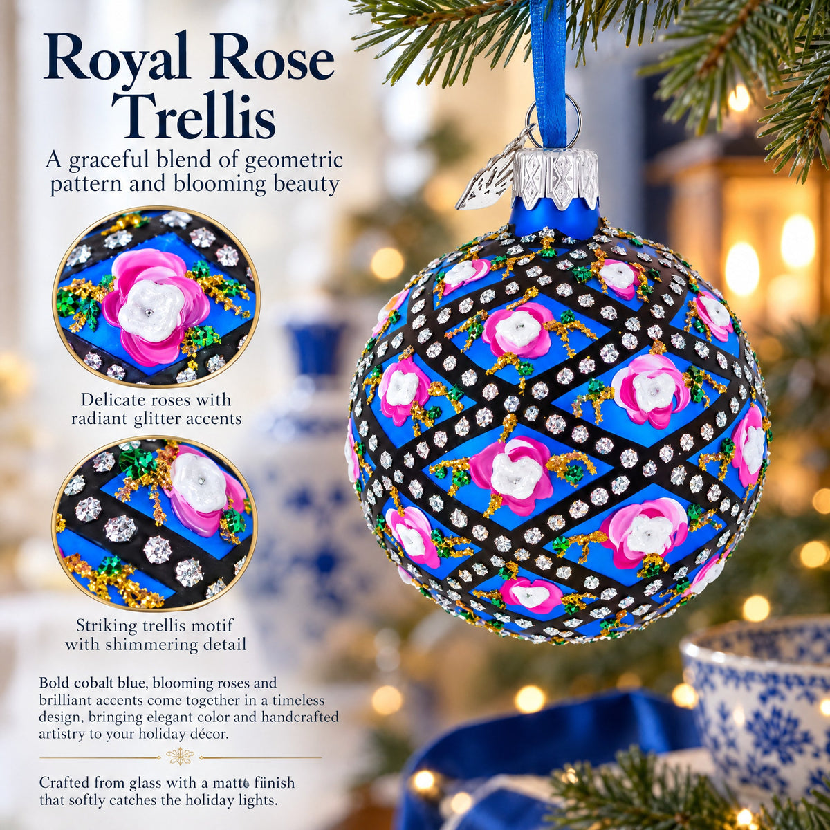 1907 Rose Trellis Royal Green Glass Ball Christmas Ornament 2.4 Inches