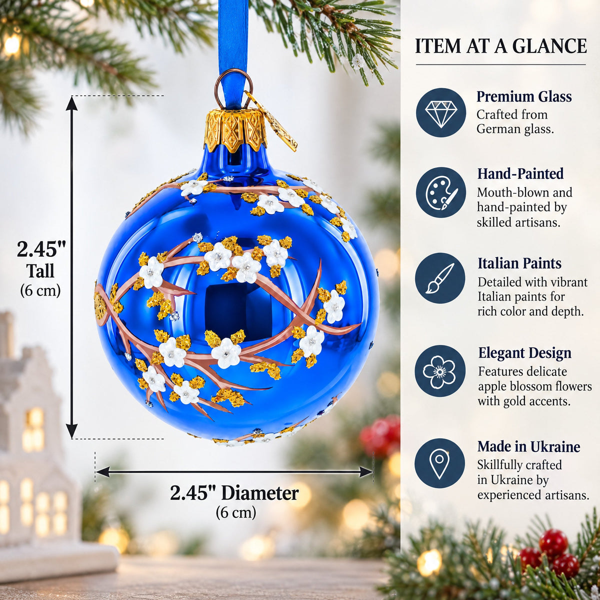 1901 Kelch Apple Blossom Royal Glass Ball Christmas Ornament 2.4 Inches